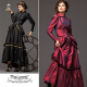 pattern cover showing the coat, skirt, and bustle in two different fabrics. One set is all black the other all red