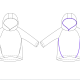 Line drawing of hoodie pattern with and without piping at hood and side seams.