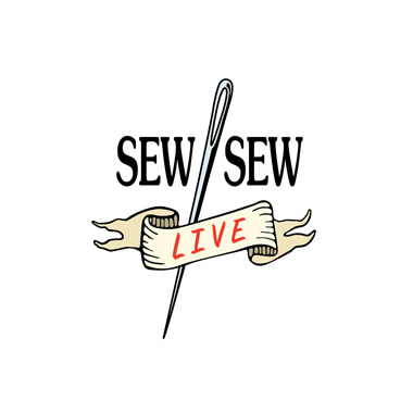 Logo with the words Sew on either side of a needle with a little banner that says Live 