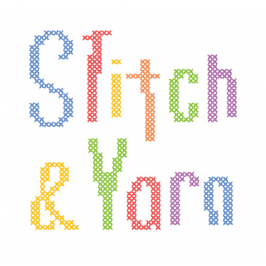 Cross-stitched letters in bright colours spelling out Stitch & Yarn