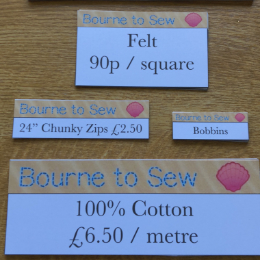 Bourne to Sew Ltd. logo on price labels